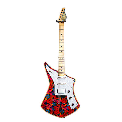 A custom electric guitar with a distinctive red, blue, and orange floral patterned body, a white pickguard, and a maple neck, shown against a plain white background.