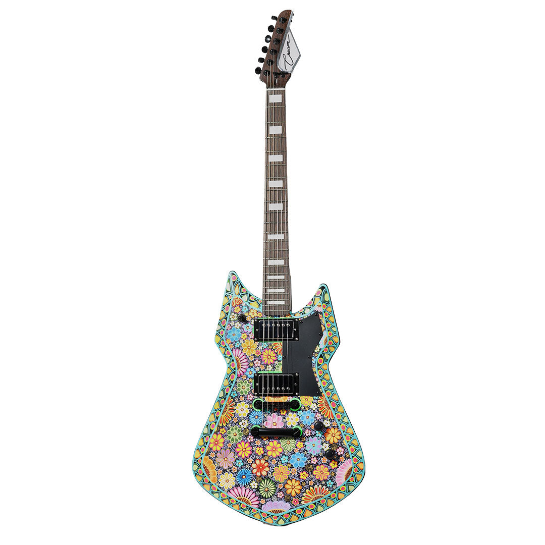 A double-cutaway electric guitar with a vibrant, multicolored floral pattern across the body, set against a solid white background.
