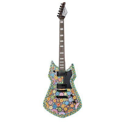 A double-cutaway electric guitar with a vibrant, multicolored floral pattern across the body, set against a solid white background.